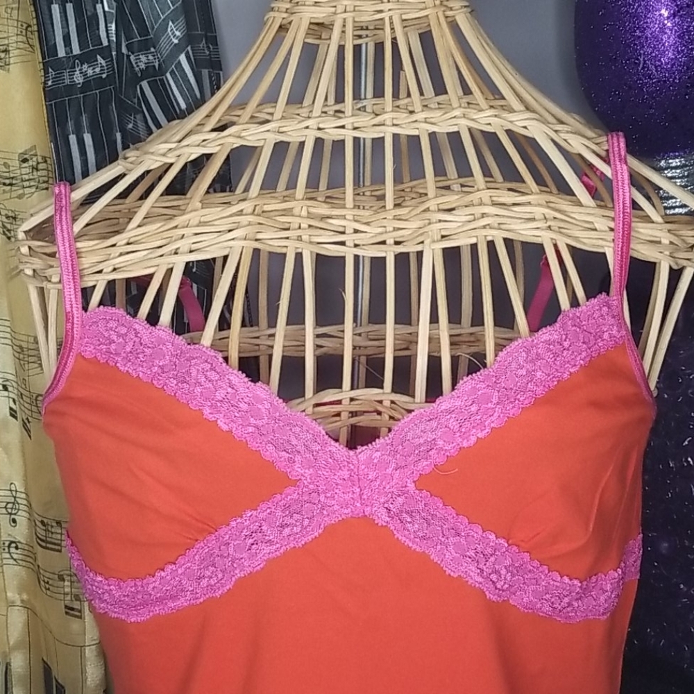 PINK Victoria's Secret Large Orange with Pink Lace Tank Top - Picture 2 of 4